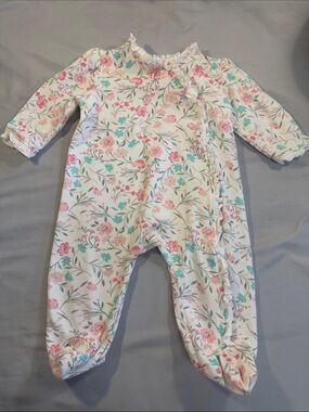 Little Me Footie/Sleeper/Romper with Pink & Teal Floral Ruffle Trim